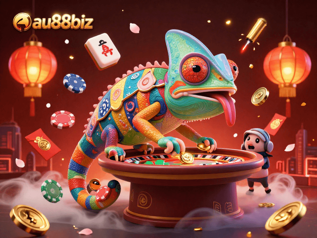 Engage with the vibrant world of au88biz, where a colorful chameleon owner captures golden coins amidst festive casino elements.