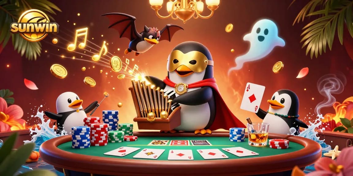 Experience excitement at sunwin with a penguin organist shooting golden coins while poker elements surround a vibrant casino scene.