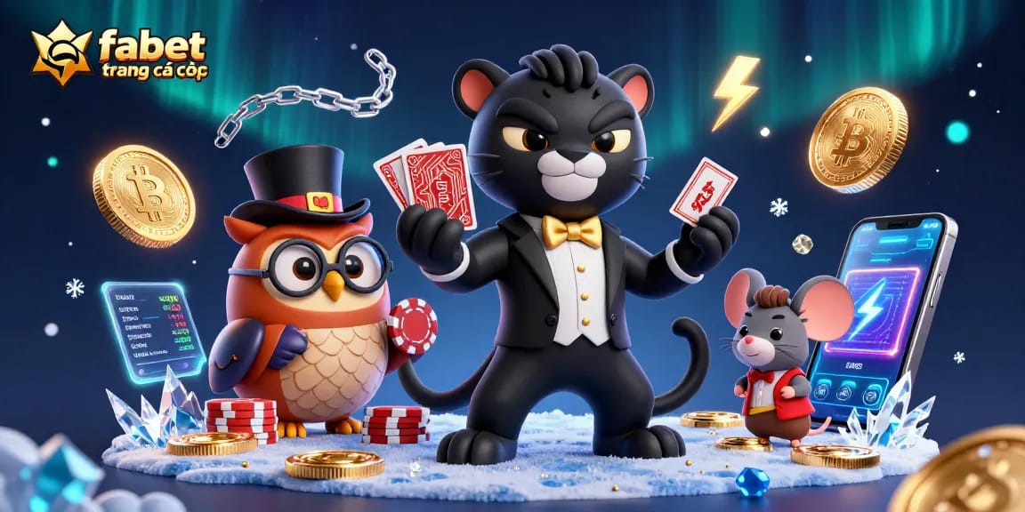 Engage with fabet trang cá cược featuring a stylish black panther dealer, an owl with poker chips, and a lucky mouse in a vibrant casino scene.