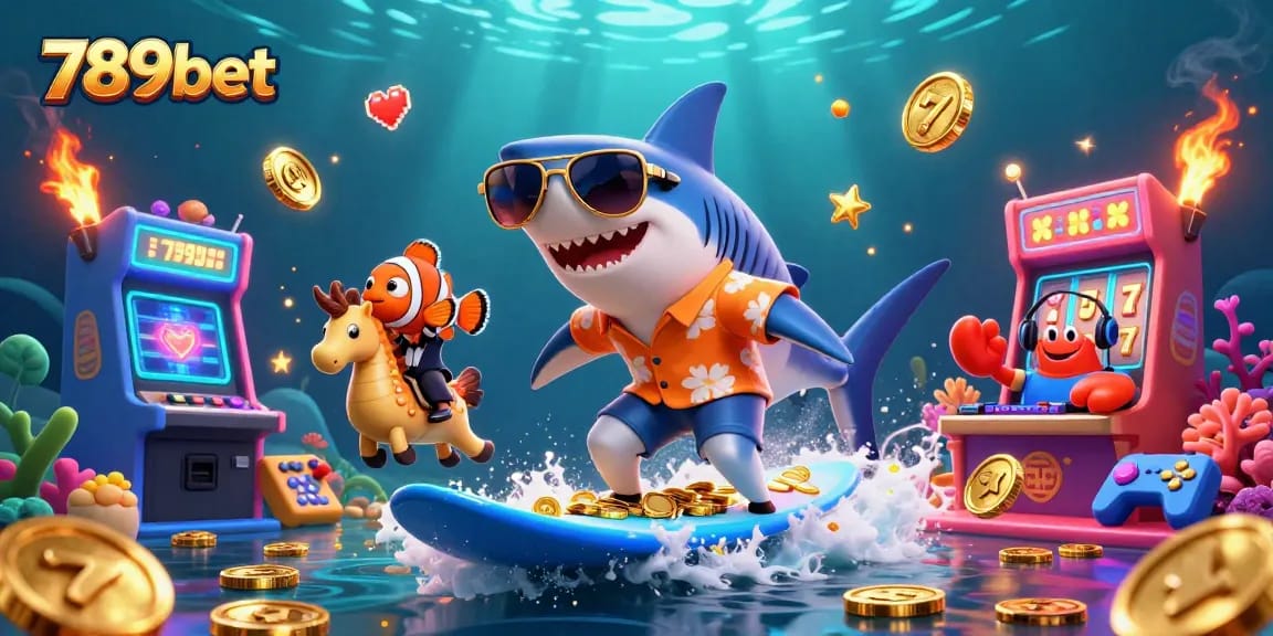 Experience the thrill of 789bet with a vibrant underwater casino scene featuring dynamic characters surfing on gold coins.