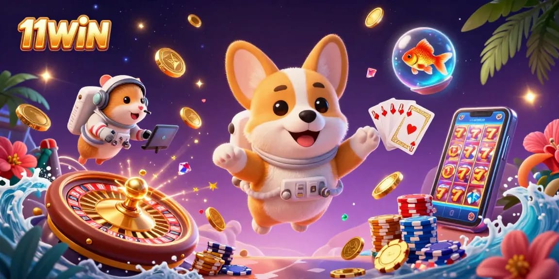 Experience thrilling gaming with the 11WIN space casino, featuring a playful corgi and a hamster guiding the action.