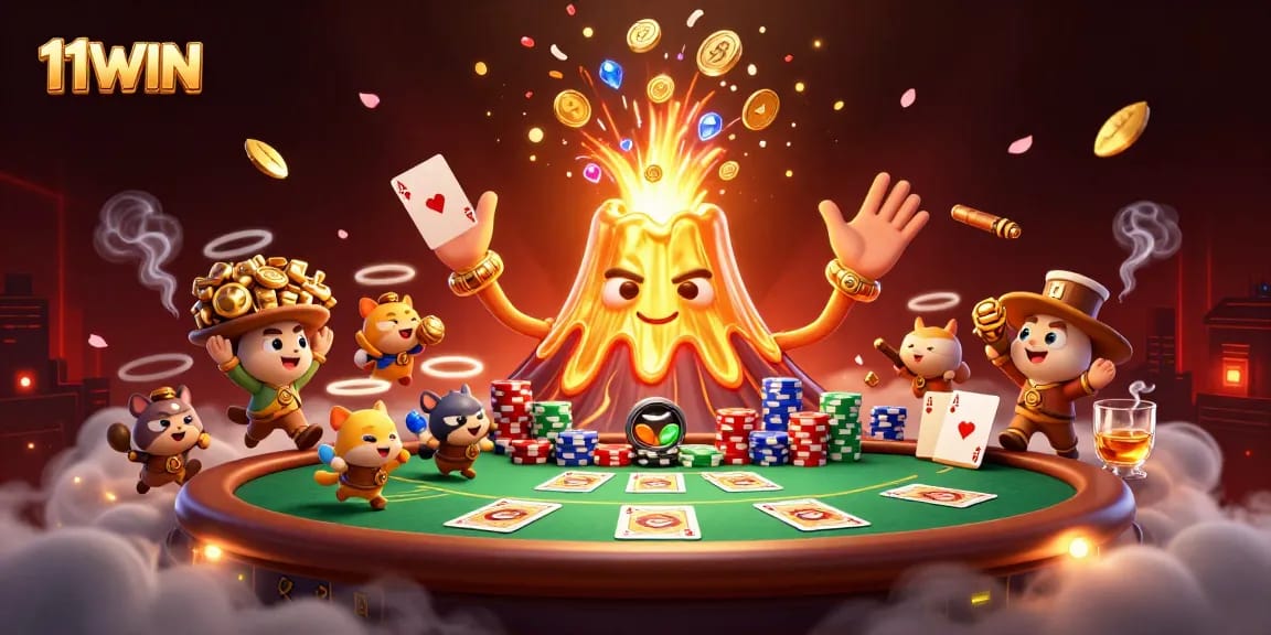 Join the excitement at 11WIN with a vibrant 3D illustration showcasing a golden volcano amid poker action.
