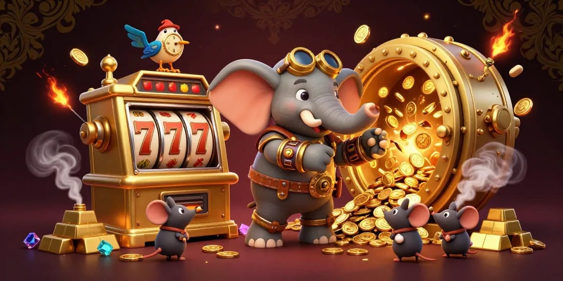 Spin the golden slot machine at mv66 with a steampunk elephant and treasure bursting out.