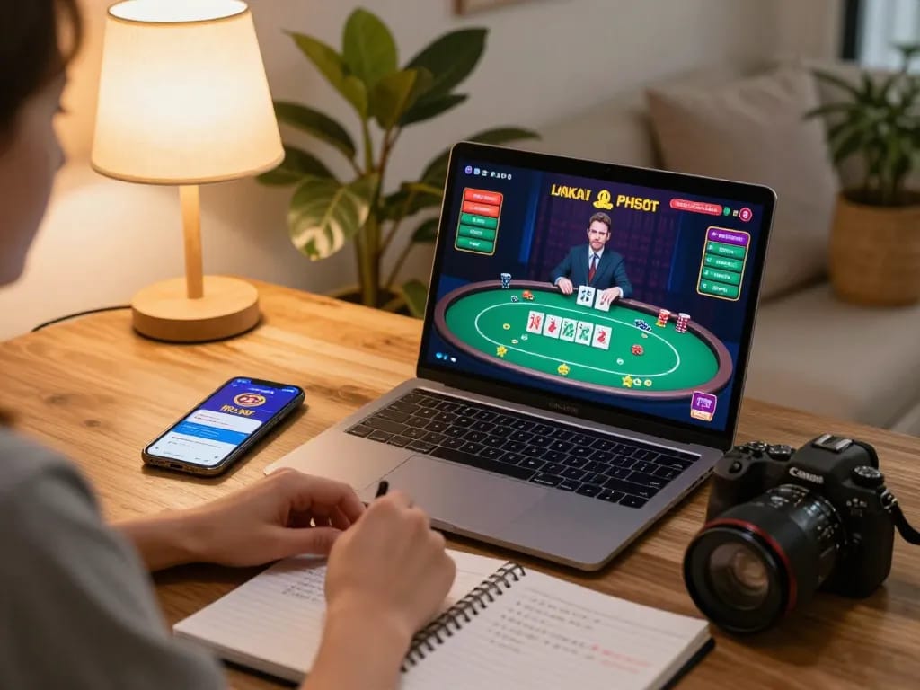 Player engaging in online casino gameplay on a laptop, enjoying the 888top experience with strategic notes nearby.
