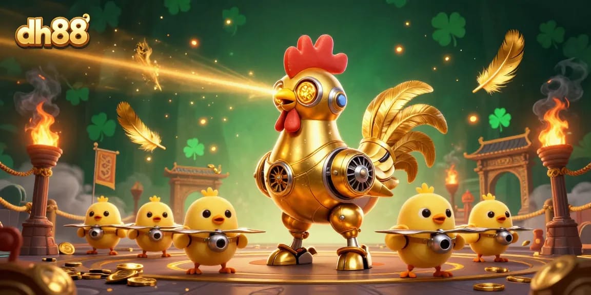 Engage in thrilling gameplay at dh88 with a futuristic golden rooster robot and dynamic betting elements.