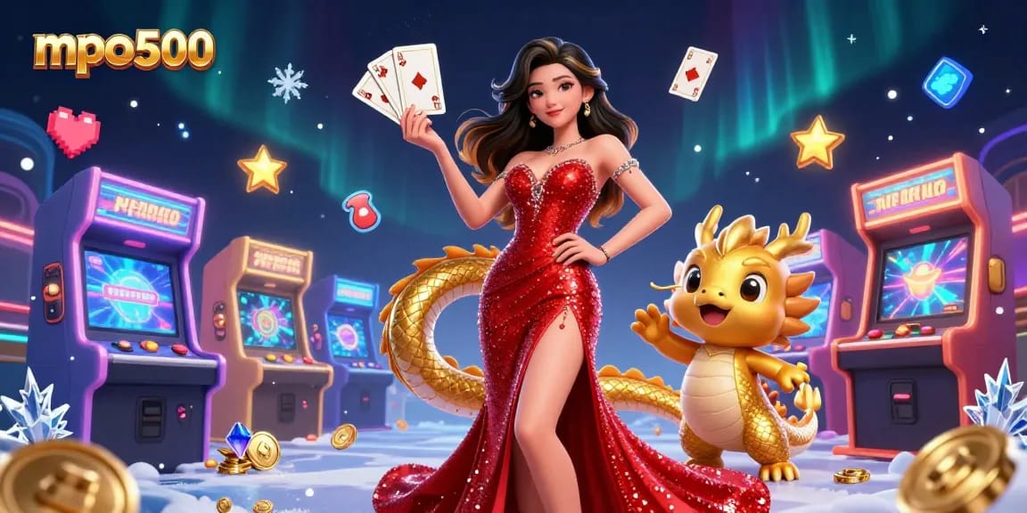 MPO500 showcases an engaging casino scene with a fierce Asian woman, golden dragon mascot, and vibrant game elements.
