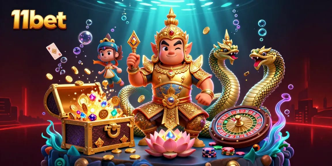 Engage with 11bet at the vibrant animated casino scene showcasing diverse gaming elements.