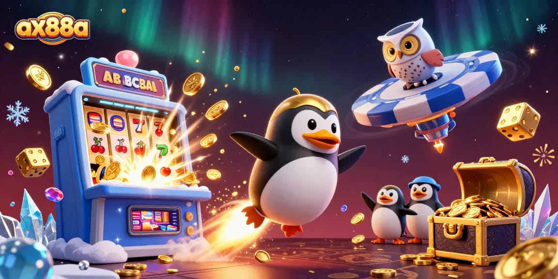A golden penguin from ax88a navigates towards a massive casino chip station amidst a celebration of vibrant slot symbols and falling coins.