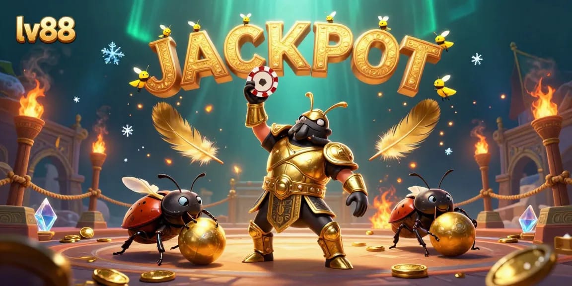 Experience big wins at lv88 with a vibrant 3D illustration of a victorious beetle champion lifting a poker chip.