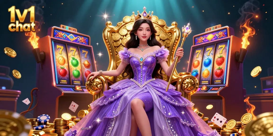 Engage in thrilling 1v1 chat while enjoying vibrant slot machines and casino visuals.