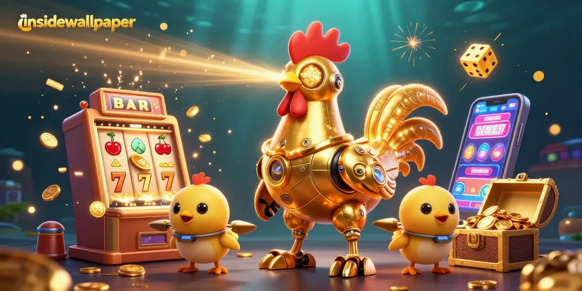 Gali jackpot di dalam wallpaper dengan robot ayam emas beraksi dan slot machine pemenang bertenaga!