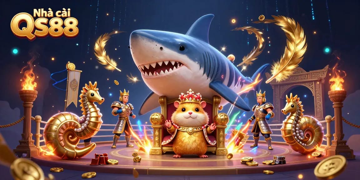 Engage with Nhà cái QS88's stunning gaming realm featuring a golden hamster king in a dynamic casino setting.