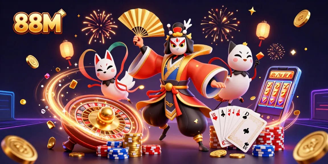 88M captures excitement with vibrant characters and dynamic casino elements in a festive online gaming scene.