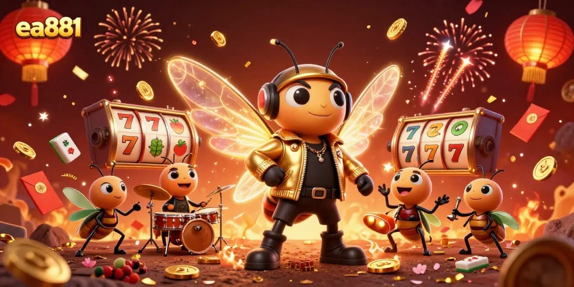 Experience thrilling slots at ea881 with a vibrant, energetic scene of colorful characters and casino elements.