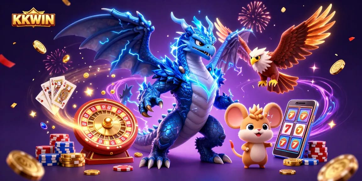 Win big at KKWIN with an ultra-detailed 3D casino illustration showcasing dynamic game elements.