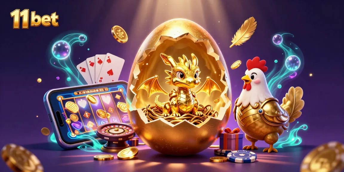 Engage with thrilling 11 bet gaming featuring a golden baby dragon amidst casino elements.