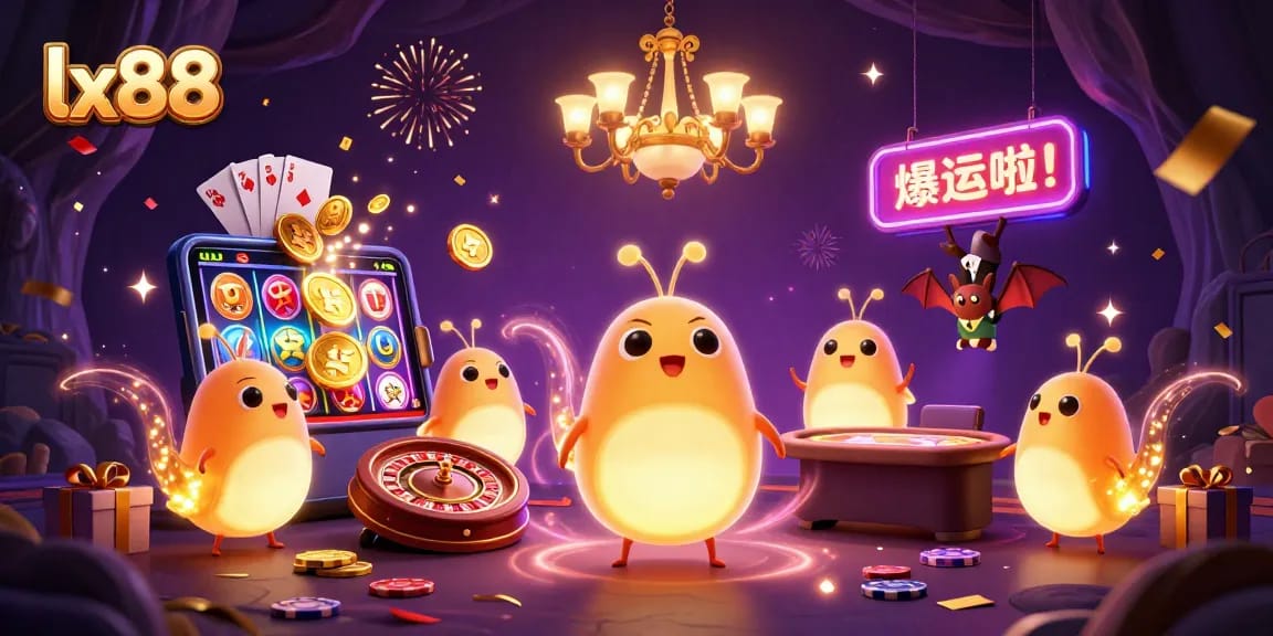 Play and win at lx88 in this vibrant 3D illustration of a casino scene alive with excitement.