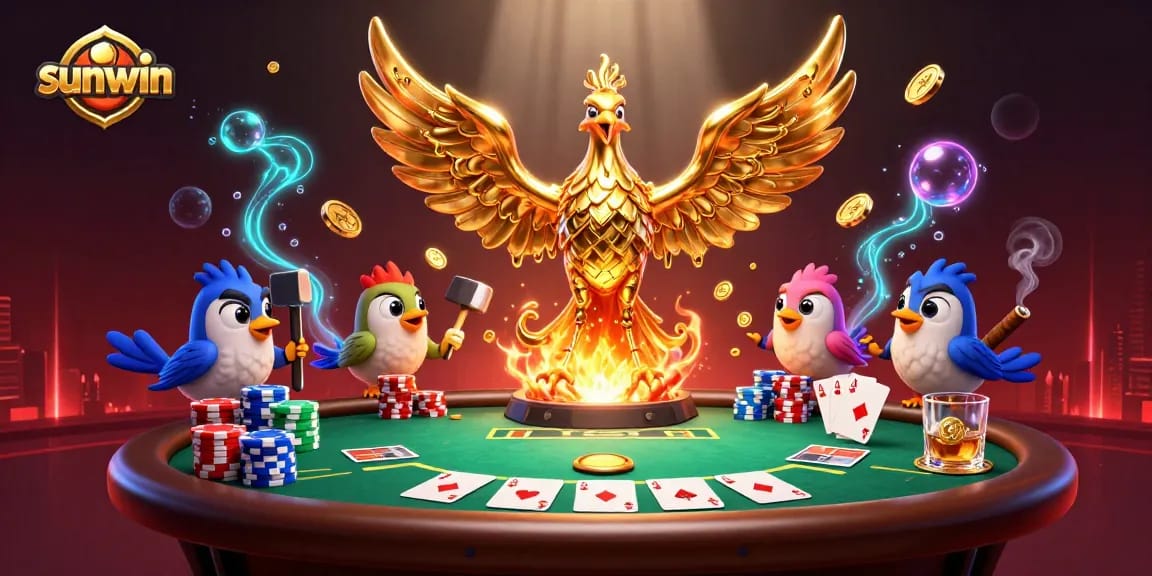 Engage with Sunwin's thrilling gameplay as molten gold coins rain from a phoenix, showcasing vibrant casino elements.