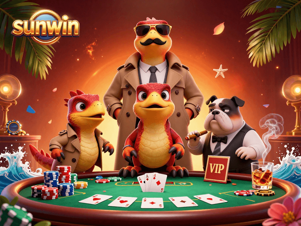 Engage with sunwin's vibrant VIP casino scene featuring three raptors and poker elements.