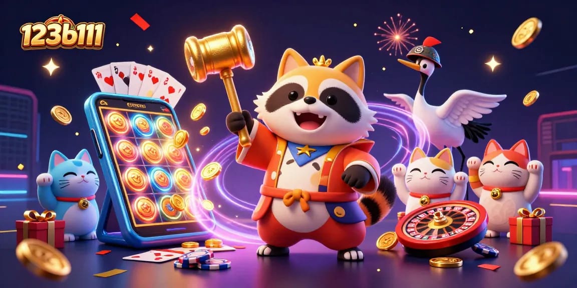 Engage in exciting casino games with 123b111 as a cheerful tanuki and friends celebrate winning.