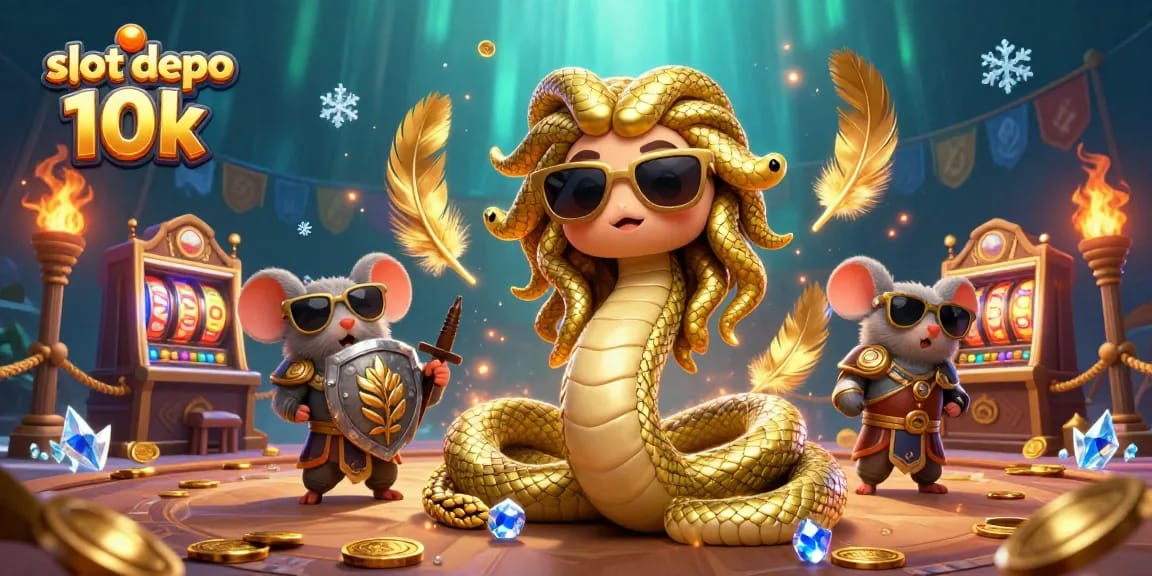 Spin to win big with slot depo 10k in this vibrant casino illustration featuring Medusa and a warrior mouse.
