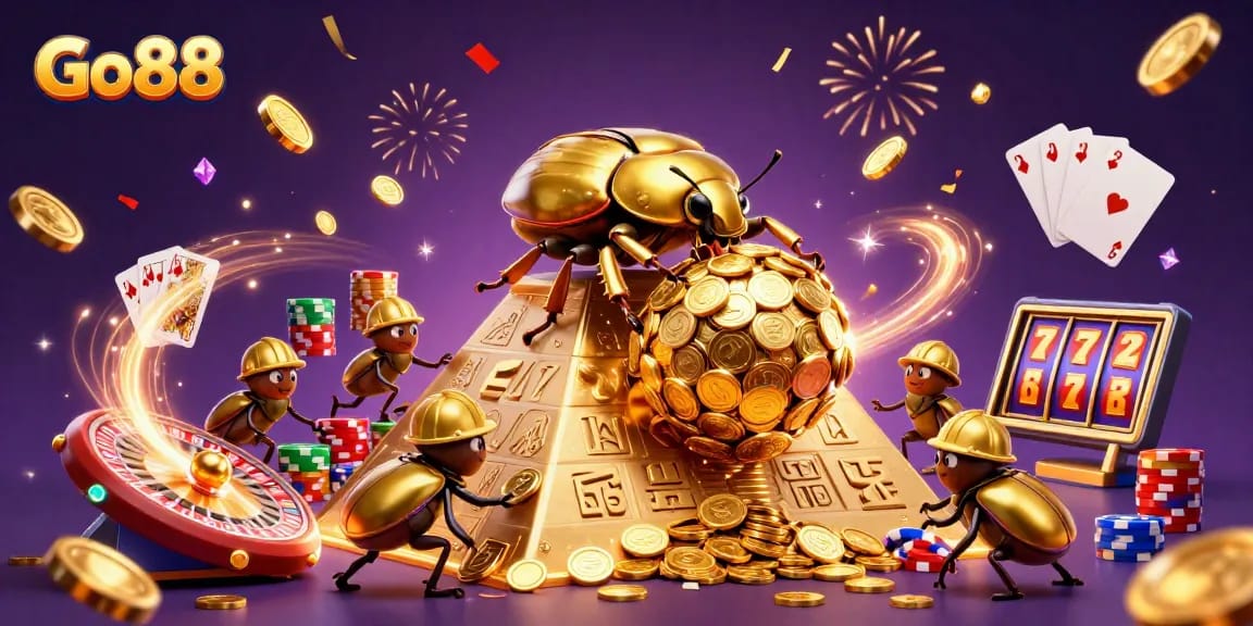 Go88 showcases a vibrant 3D casino world where dynamic beetles roll golden coins among casino symbols.