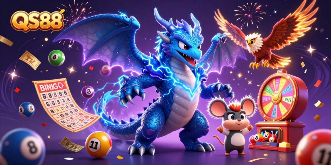 Join the excitement with QS88 as thrilling thunder dragon and friends celebrate diverse gaming.