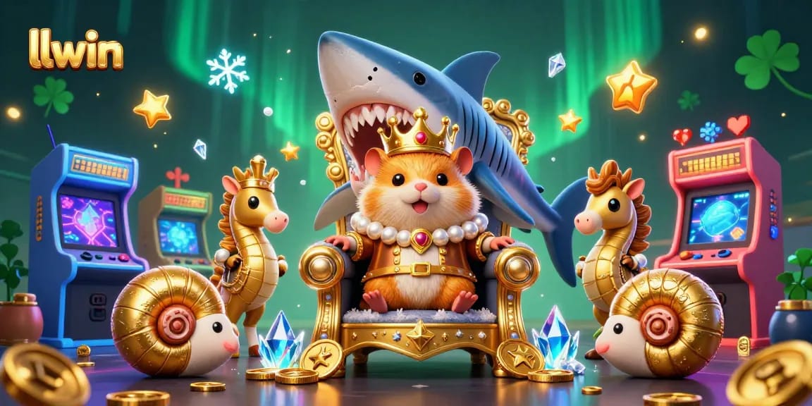 Engage with the llwin casino world, featuring a golden hamster king surrounded by colorful gaming elements.