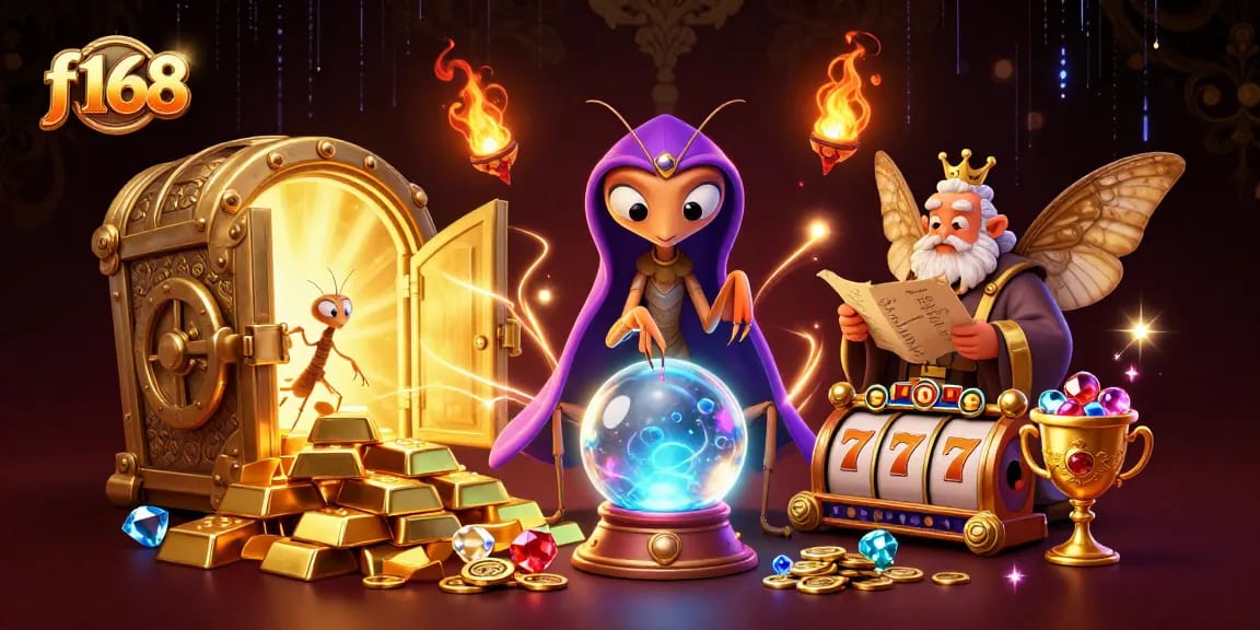 F168's vibrant casino scene showcases a mystical fortune teller, gold treasures, and dynamic slot elements.