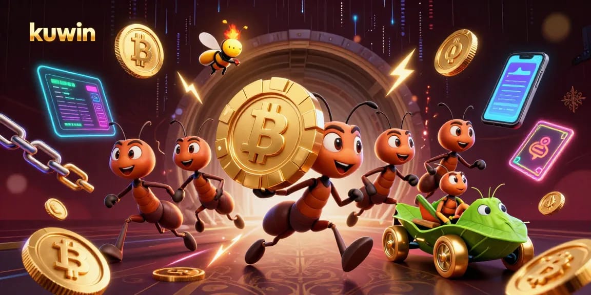 Kuwin casino heist scene featuring cartoon ants, a firefly lookout, and a grasshopper driver with vibrant gaming elements.
