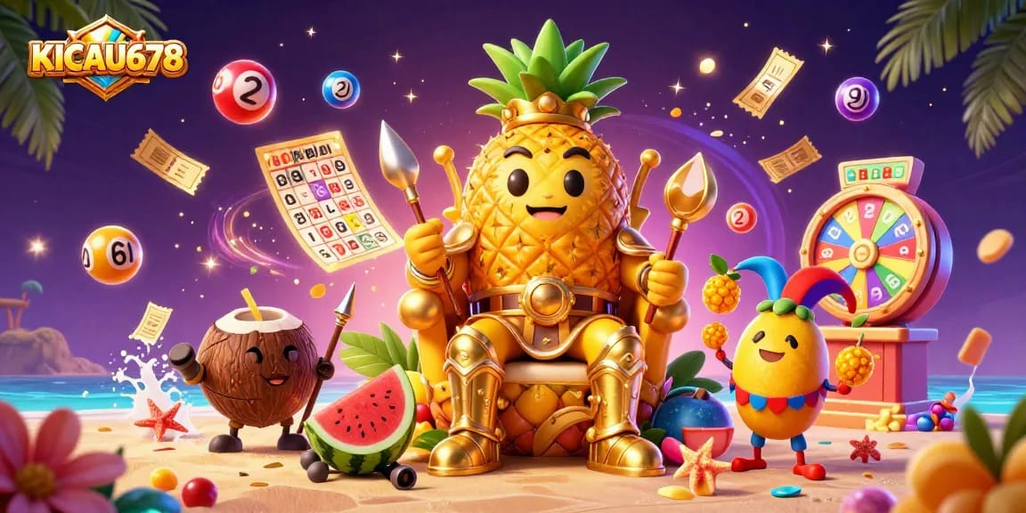 KICAU678 brings exciting lottery action with a vibrant scene featuring a pineapple king and dynamic game elements.