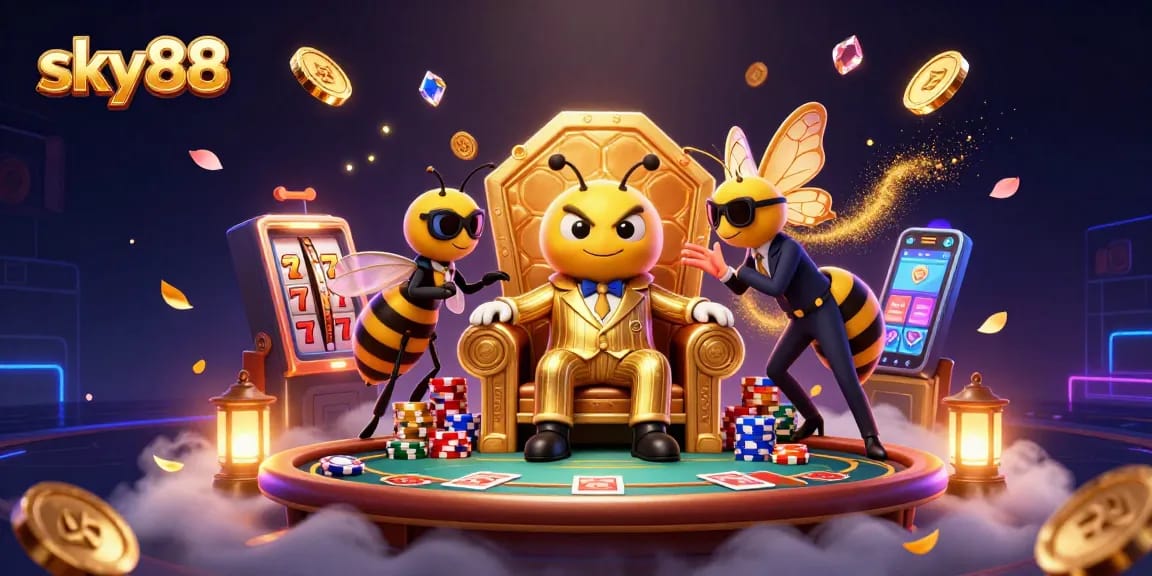 Experience sky88 in a vibrant digital casino scene with a bumblebee mob boss and slot machine reels.