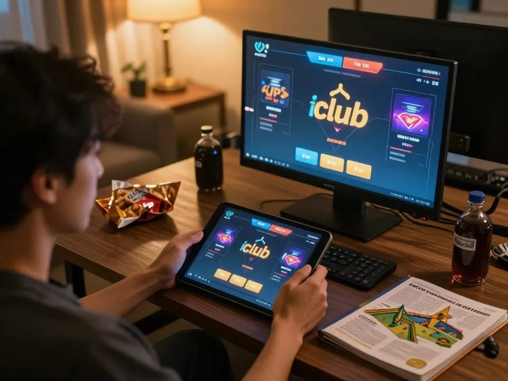 Engaging with iwinclub on a tablet in a cozy home setup while enjoying snacks and drinks