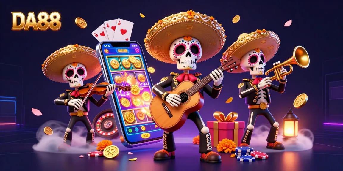 Engage with DA88's vibrant casino atmosphere featuring a mariachi band, slots, and golden coins.
