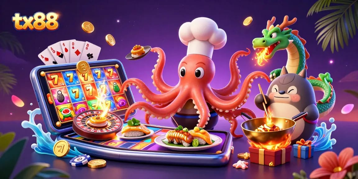 Experience thrilling slot wins with tx88's vibrant 3D casino scene featuring cartoon characters.