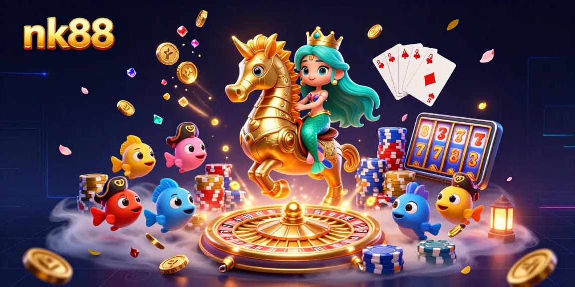 Experience thrilling bets with nk88's vibrant, captivating casino adventure featuring a mermaid and her seahorse friend.
