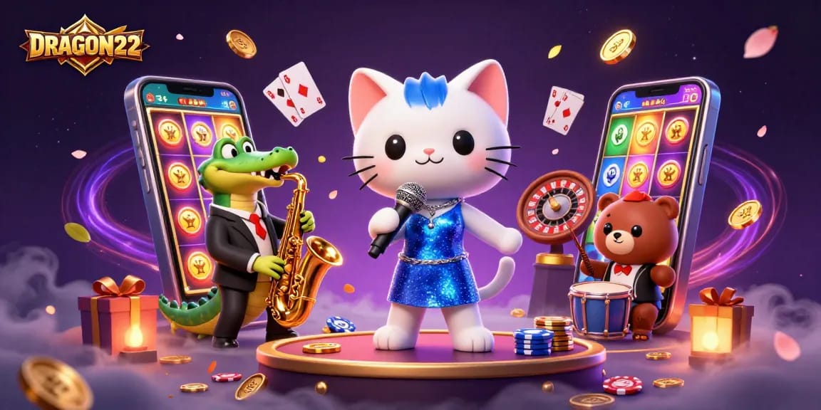 Engage with slots in style at DRAGON222 featuring a jazz-singer cat and her band in a vivid casino.