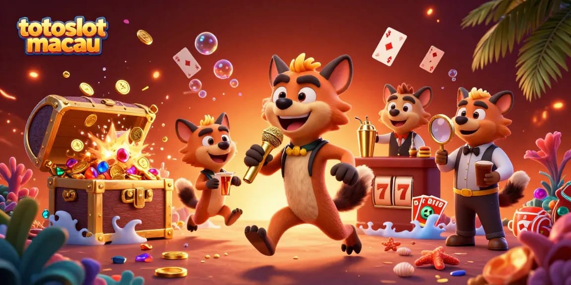 Join the excitement at totoslotmacau with animated hyenas in a lively comedy casino scene, featuring rich treasures and playful gaming elements.
