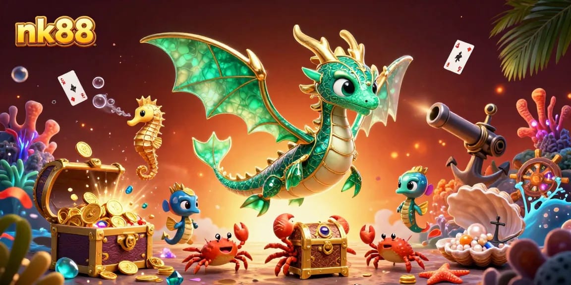 Unleash fortune at nk88 with a vibrant 3D treasure-filled sea dragon scene.