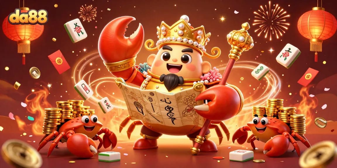Experience da88's vibrant online casino atmosphere with a golden crab emperor and dynamic gaming elements.