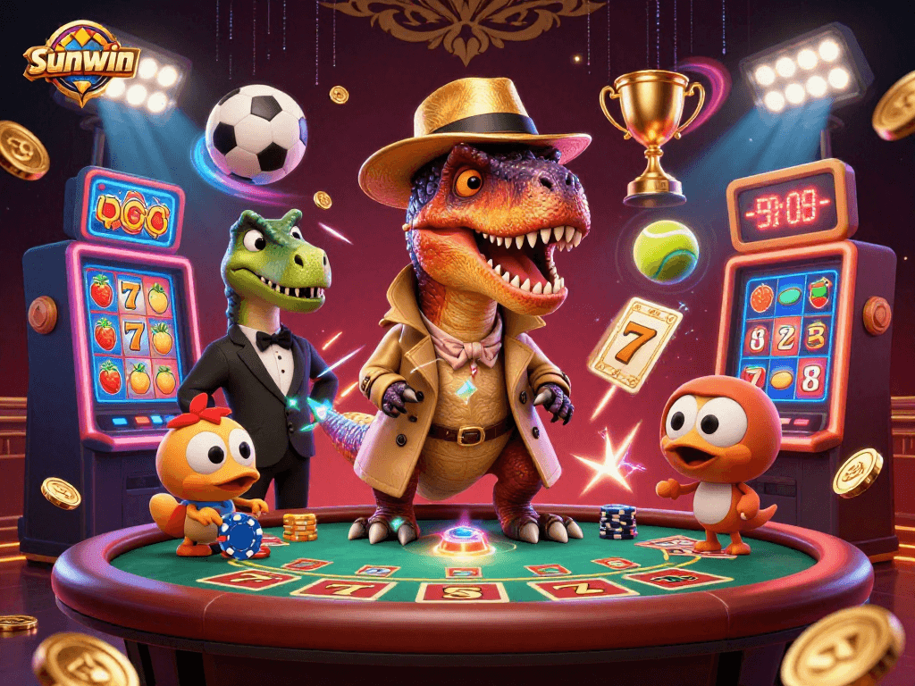 Experience thrilling wins at sunwin with a velociraptor at a blackjack table while exciting elements surround him.