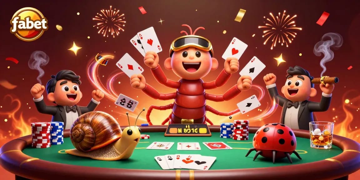 Engage in thrilling poker action at fabet with a lively cartoon dealer and high-roller characters.