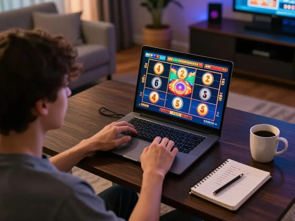 Playing a mega slot game on a laptop with strategic notes nearby in a cozy home setting