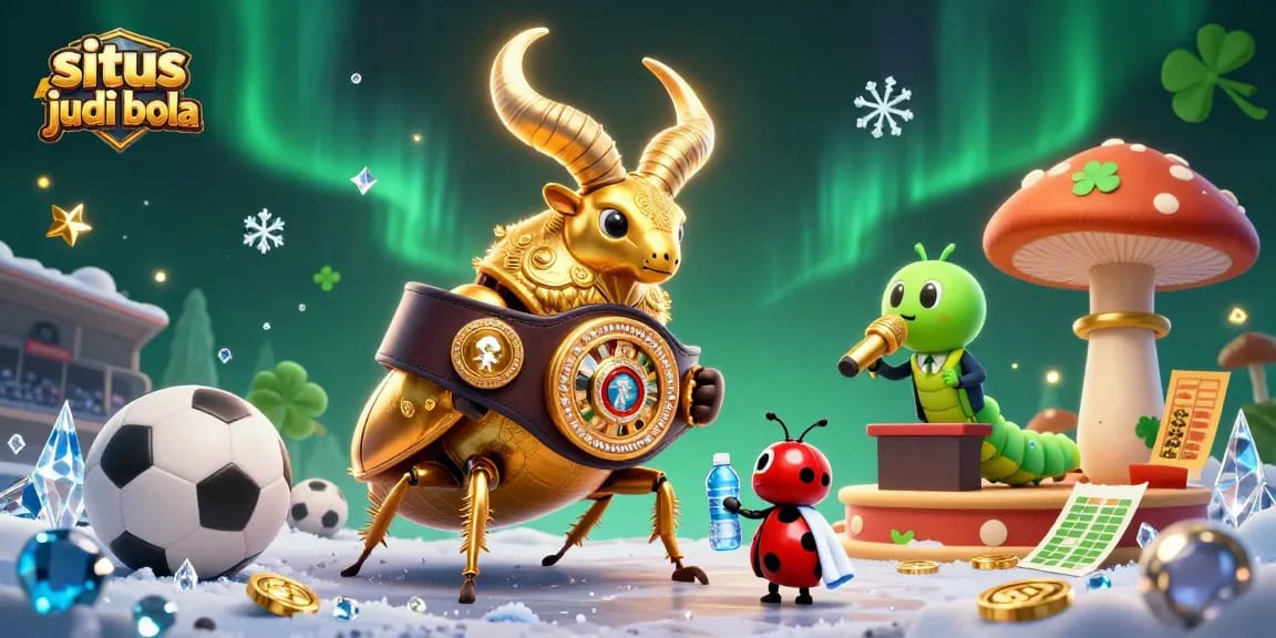 Experience the thrill of situs judi bola with a dynamic illustration featuring a golden beetle champion ready to battle.