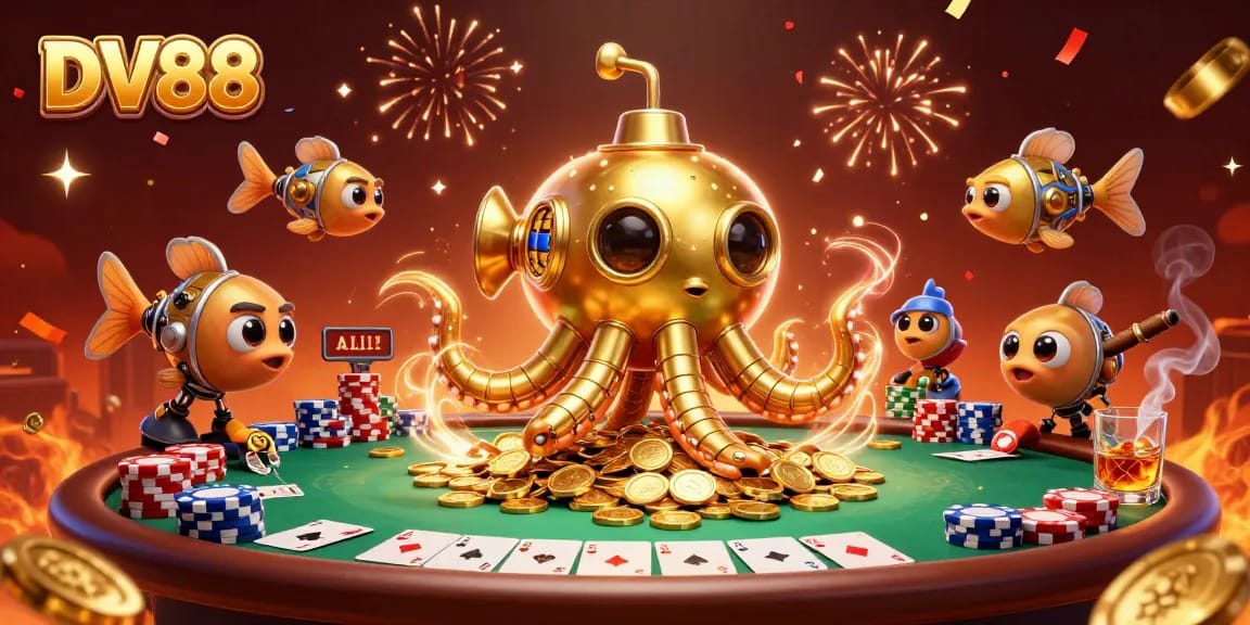 Experience the thrill of DV88 as a golden kraken emerges from a sea of coins with exciting poker elements.