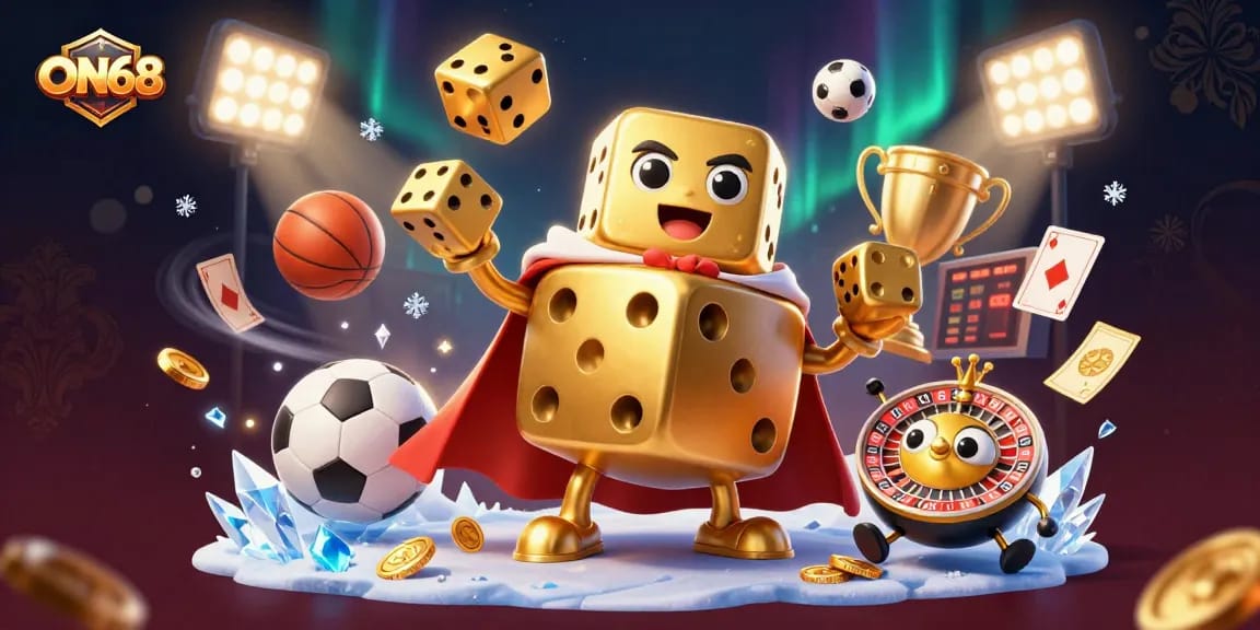 Join the excitement with ON68 as the golden dice golem juggles winnings in a vibrant casino scene.