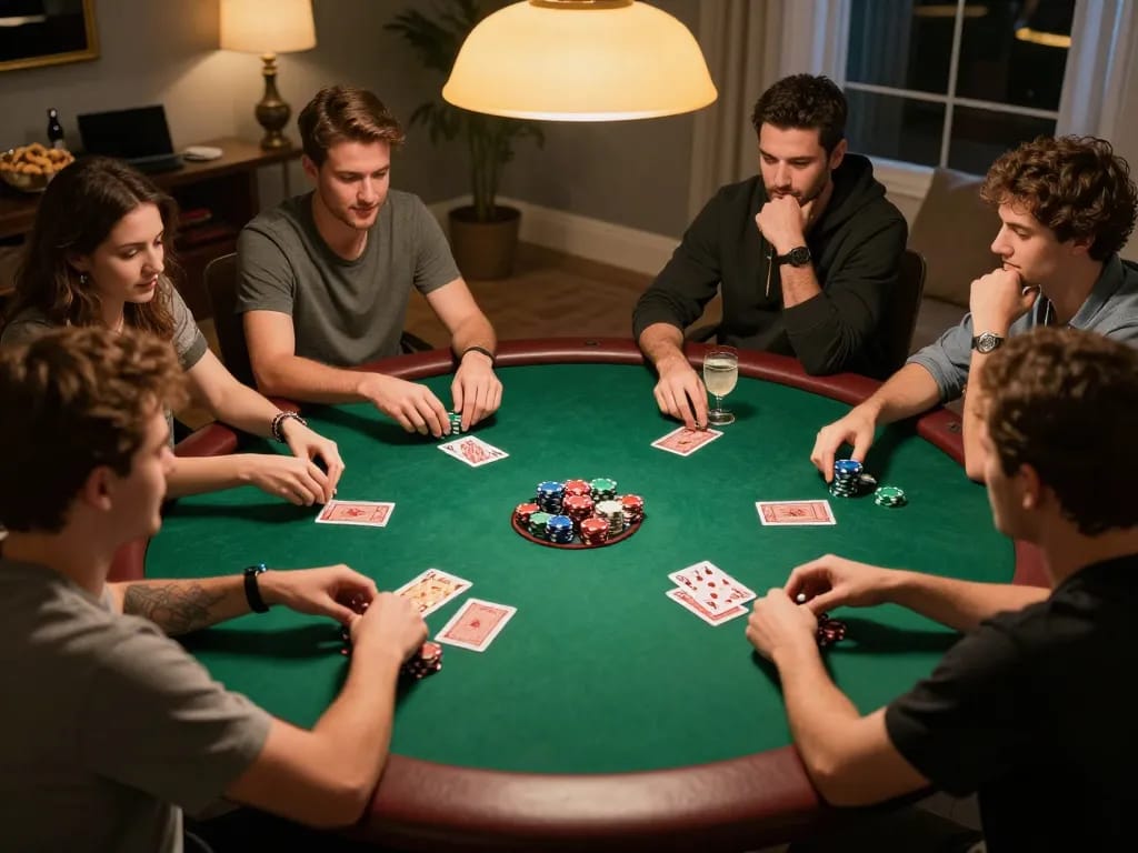 Players enjoying an intense poker game at XX88 with chips and cards in a cozy setting