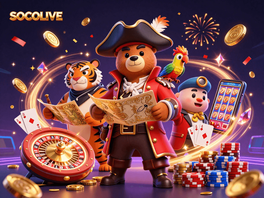 SOCOLIVE showcases a dynamic casino scene with pirate characters, colorful poker chips, and exciting game elements.