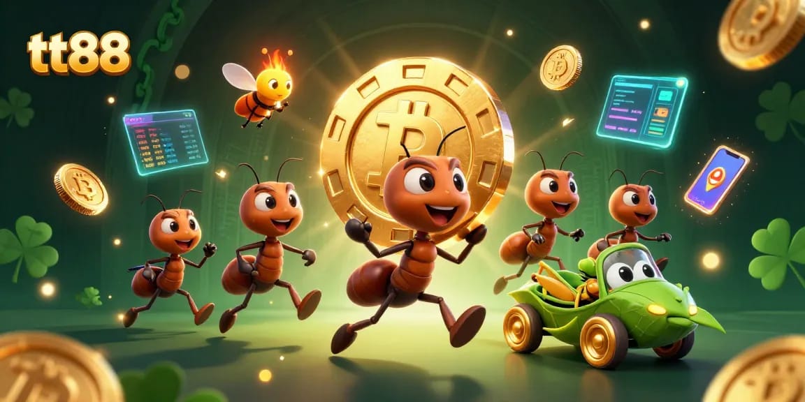 Challenge your luck with tt88's vibrant heist scene featuring playful ants and golden poker chips.