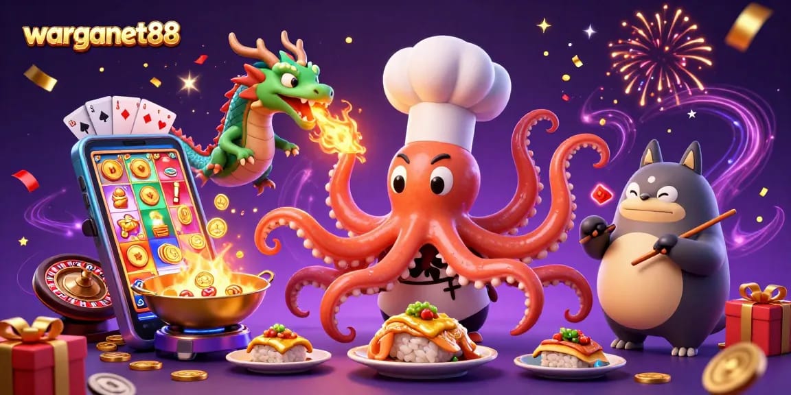 Experience the thrill of warganet88 as the octopus chef serves up golden slot winnings, surrounded by lively casino elements.